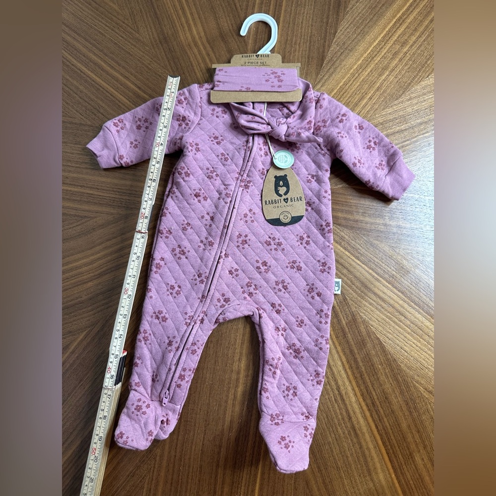 Rabbit Bear One Piece - Purple Floral. Organic Cotton with matching headband